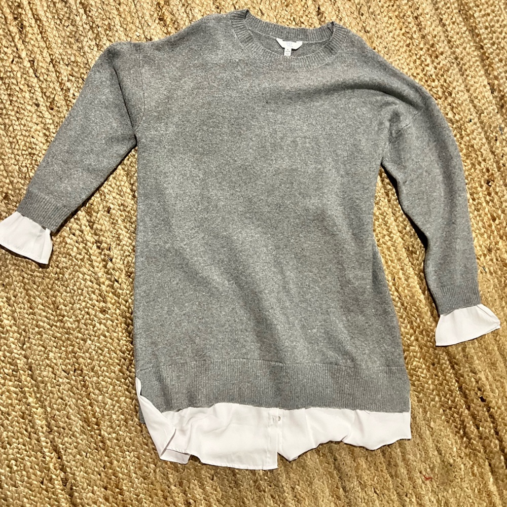 Gray sweater dress with white shirt under